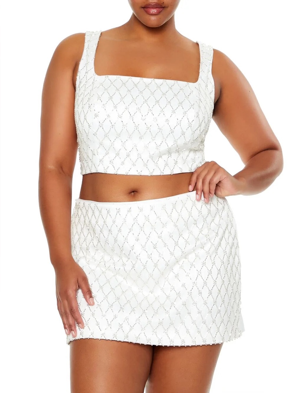 Beaded mini skirt white embellishef silver bride bachelorette high rise lattice